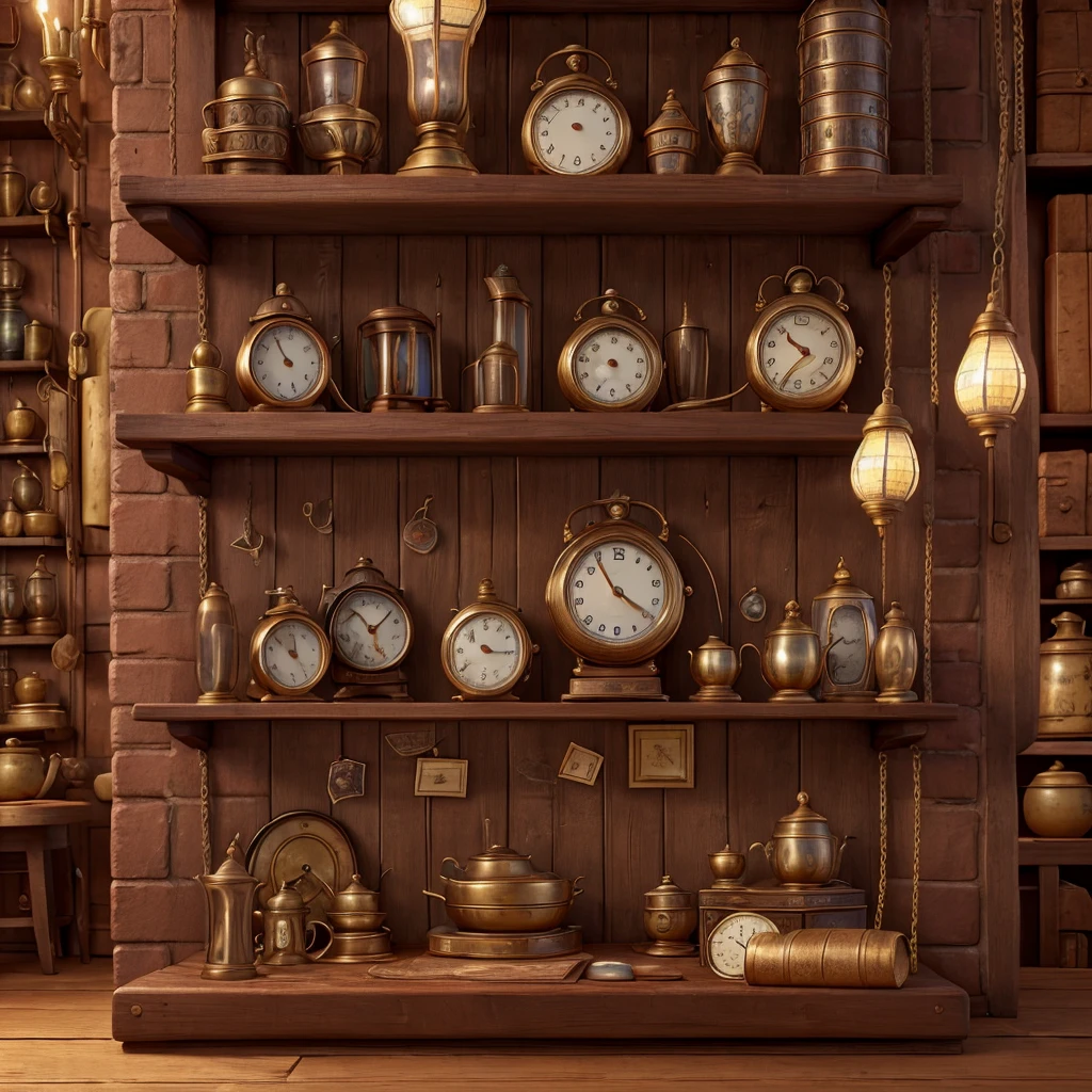 Impressive ultra-high resolution 3D scene, showing 1 watch, in an antique store. Beautifully drawn to the smallest detail. apparently, like an old watch on a chain in the background, lying on the shelf. Various things in the background, antiques.Making a Dreamer, Magic effect. The general atmosphere is soft, Full of hope and calm