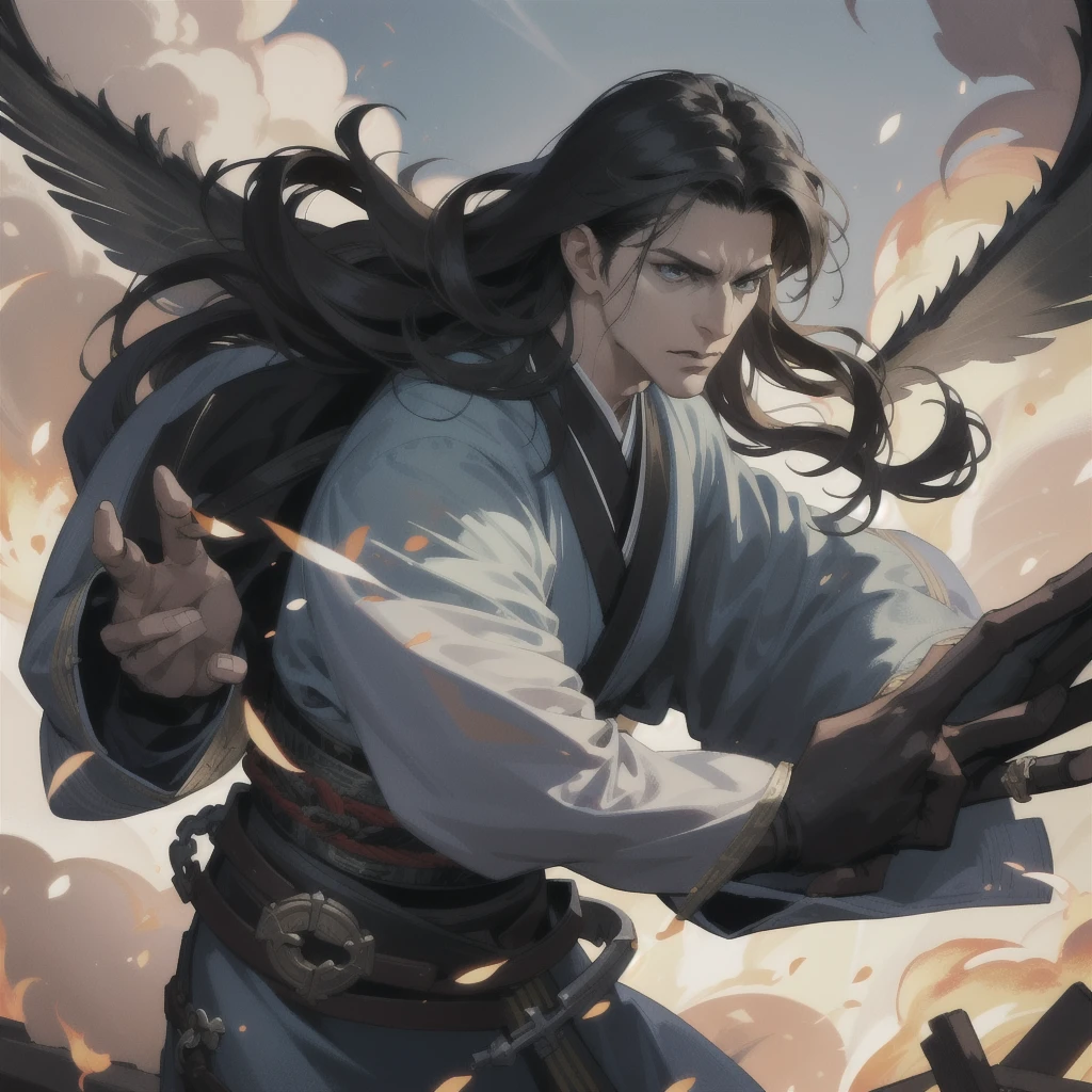 (absurdres, highres, ultra detailed), 1 male, mature, manly, tall muscular, handsome, finely detailed eyes, intricate details, portrait, (bloody scars:0.7), looking down, solo, half shot, detailed background, (victorian theme:1.1),  determined, battle cleric, hovering in air, bright clouds, floating scraps, fighting stance, color chain mail, divine smite, bright realistic lighting, burning village,   hair blowing in wind, black hair, wings at back, wearing kimono, 