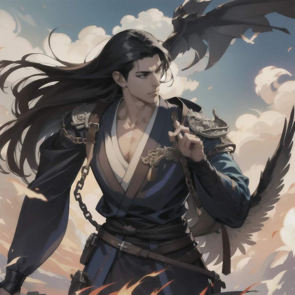 (absurdres, highres, ultra detailed), 1 male, mature, manly, tall muscular, handsome, finely detailed eyes, intricate details, portrait, (bloody scars:0.7), looking down, solo, half shot, detailed background, (victorian theme:1.1), determined, battle cleric, hovering in air, bright clouds, floating scraps, fighting stance, color chain mail, divine smite, bright realistic lighting, burning village, hair blowing in wind, black hair, wings at back, wearing kimono,