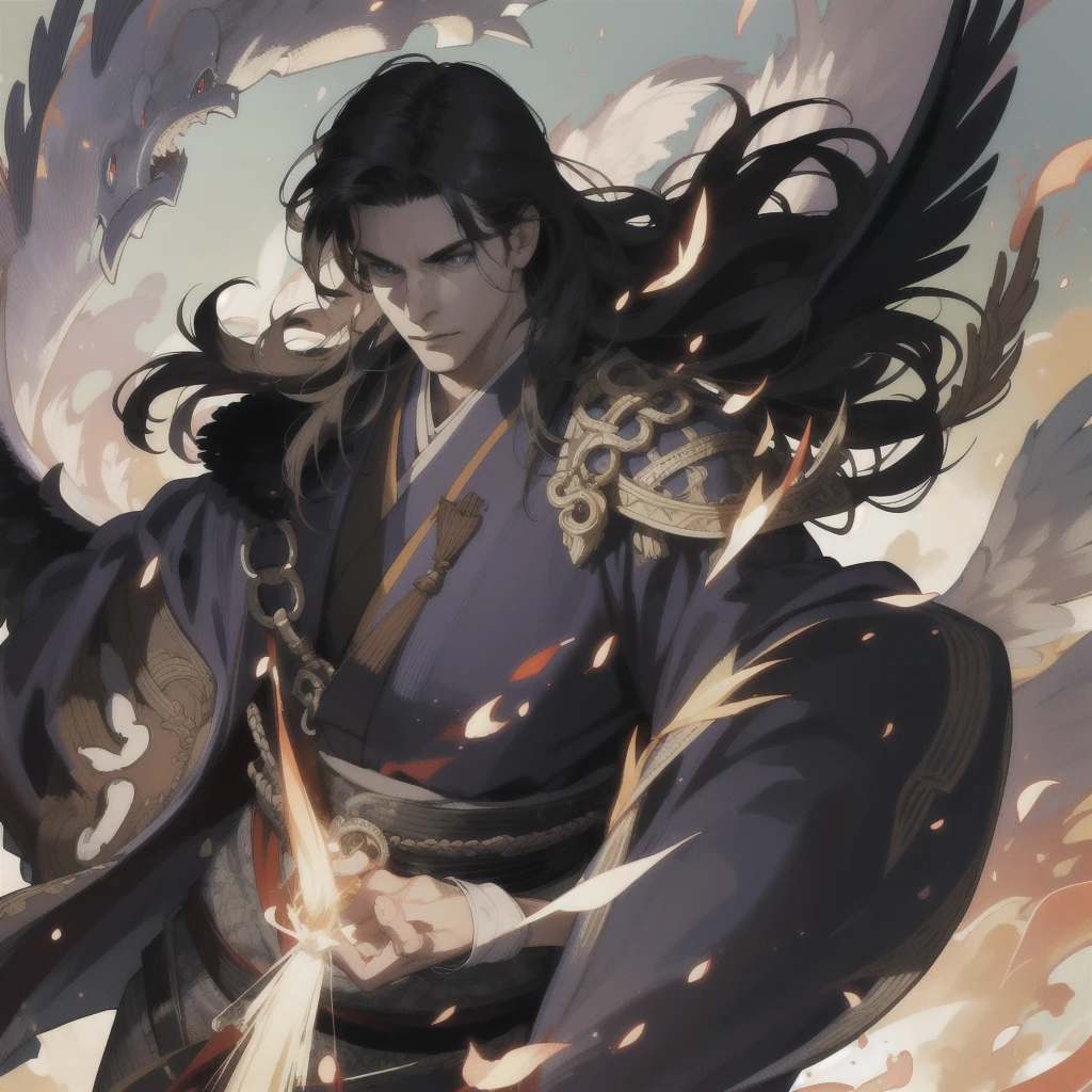 (absurdres, highres, ultra detailed), 1 male, mature, manly, tall muscular, handsome, finely detailed eyes, intricate details, portrait, (bloody scars:0.7), looking down, solo, half shot, detailed background, (victorian theme:1.1), determined, battle cleric, hovering in air, bright clouds, floating scraps, fighting stance, color chain mail, divine smite, bright realistic lighting, burning village, hair blowing in wind, black hair, wings at back, wearing kimono,