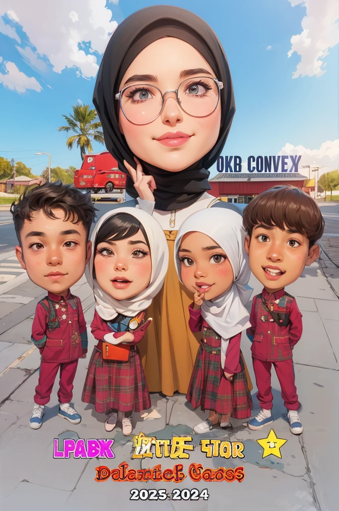 cartoon of a hijab woman with Two white hijab girls and 2 boys, wearing uniforms, Maroon checkered children's uniform, caricature illustration, digital art cartoon, caricature style, in cartoon style, cartoon artstyle, caricature, cartoon digital art, inspired by JoWOnder, cartoon portrait, potrait, caricature!!!, teacher, by Abidin Dino, inspired by Nil Gleyen, cartoon digital painting, full protrait