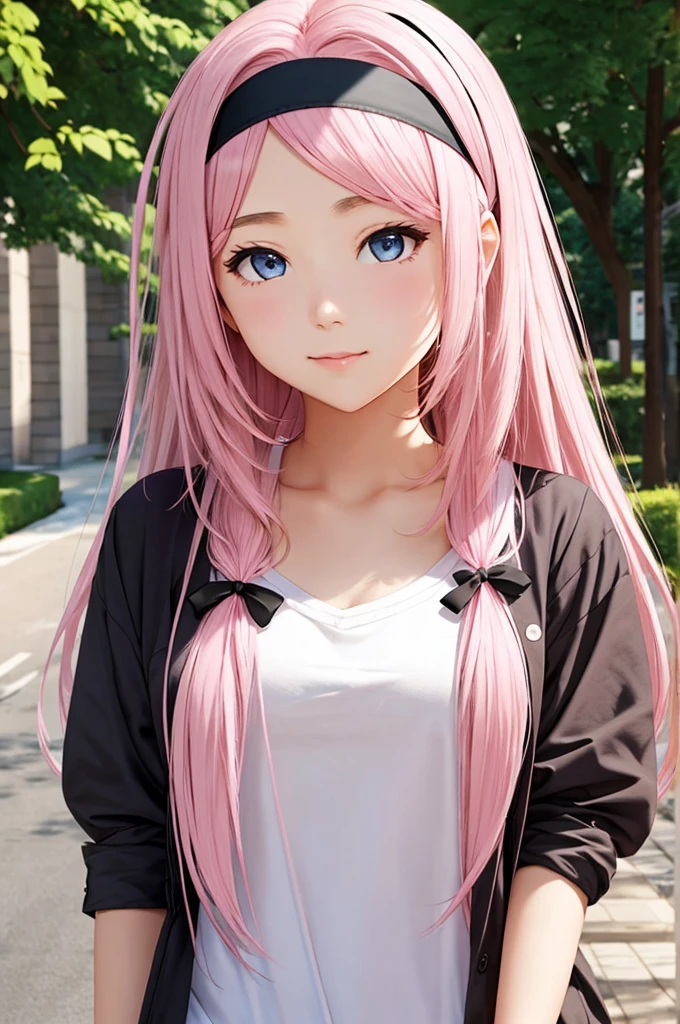 Pink chest-length hair Black ribbon headband Stylish 20-year-old university student cute