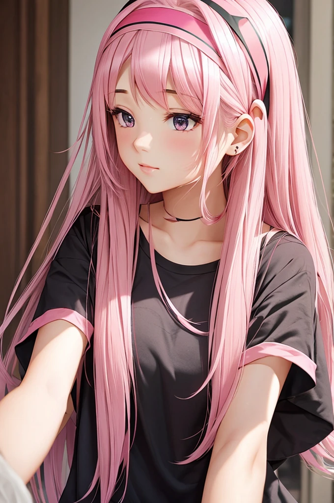 Pink chest-length hair Black ribbon headband Stylish 20-year-old university student cute