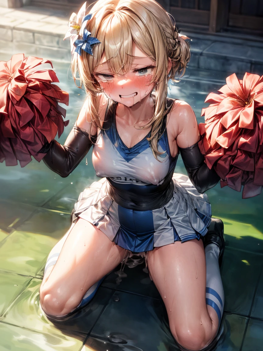 (Little girl rides guy perfectly:1.3)、(Rich color expression)、(eyes half closed:1.3)、(Grin:1.3)、(Big tears:1.5)、(Drooling from the mouth:1.3)、(The body shakes violently:1.5)、vagina、8K resolution、 masterpiece、((highest quality))、Anatomically correct、(The whole body is wet with semen:1.3)、(Sticking out tongue)、(Flower Hair Ornaments)、(Large amounts of fluid)、(Cheerleader:1.3)、(Knee socks)、((Hasselblad Photos))、[:(Detailed face:1.2):0.2]、(Sweaty:1.6)
