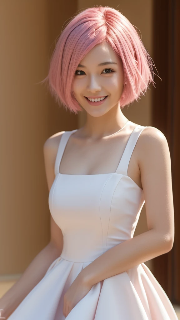masterpiece, 最high quality, 18 year old girl,Pink Hair ,short hair,alone, ,Facing forward,smile,Smile,high quality,White dress