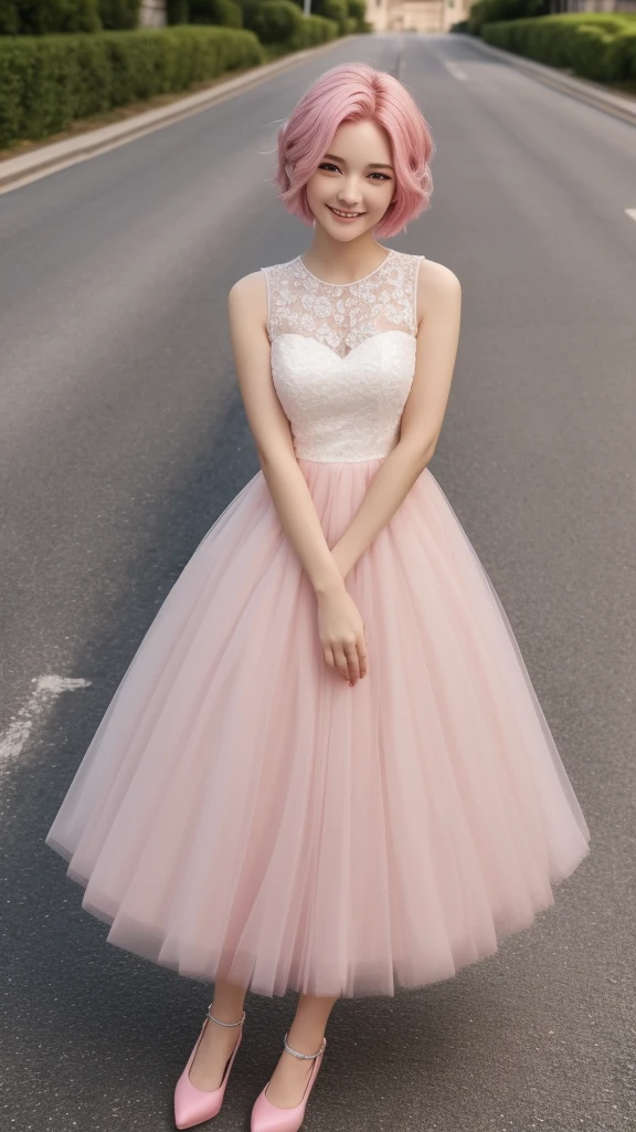 masterpiece, 最high quality, 18 year old girl,Pink Hair ,short hair,alone, ,Facing forward,smile,Smile,high quality,White dress