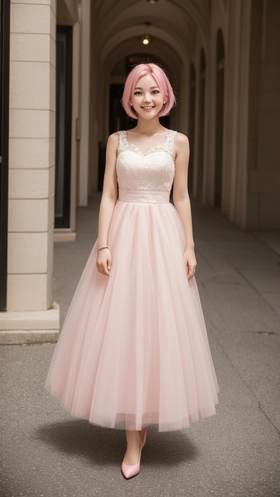 masterpiece, 最high quality, 18 year old girl,Pink Hair ,short hair,alone, ,Facing forward,smile,Smile,high quality,White dress