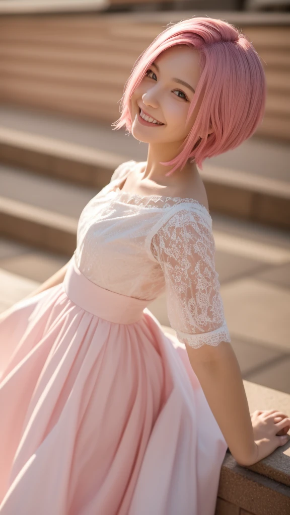 masterpiece, 最high quality, 18 year old girl,Pink Hair ,short hair,alone, ,Facing forward,smile,Smile,high quality,White dress