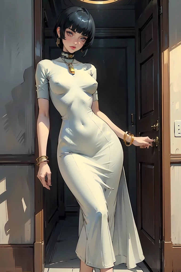 Goddess ((goddess-like woman)), slim elegant silhouette, masterpiece, (close angle), best quality, pale skin, fair skin, sweet face, (masterpiece:1,2, best quality), (real picture, intricate details), (1 lady , solo, medium tits, slim waistline, ), ((Persona5TaeTakemi)), a woman with short hair, black hair, brown eyes, she has an impressive presence., short hair, bracelet, hoop earrings, jewelry, beautiful face, beautiful eyes, she looks at the viewer, She is wearing a stunningly beautiful golden evening dress and high heels with straps. sweet irresistible smile, elegant pose, elegant hands, beautiful hands, perfect fingers, background: She is standing in a large, elegant entrance hall. Everything in the room looks very expensive.