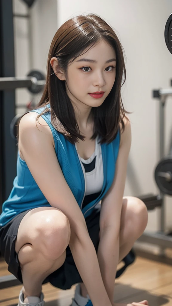 Highly detailed CG unity 8k wallpaper, of the highest quality, Super detailed, masutepiece, Realistic, photographrealistic, extremely detailed cute girl, 25yo, cleavage , (perspired) , Round eyes, peeping at the viewer, Blush, Smile, parted lip, Semi-body shot , Realistic、track suit、Realistic reproduction with vests , Panties , Squat, sports gym