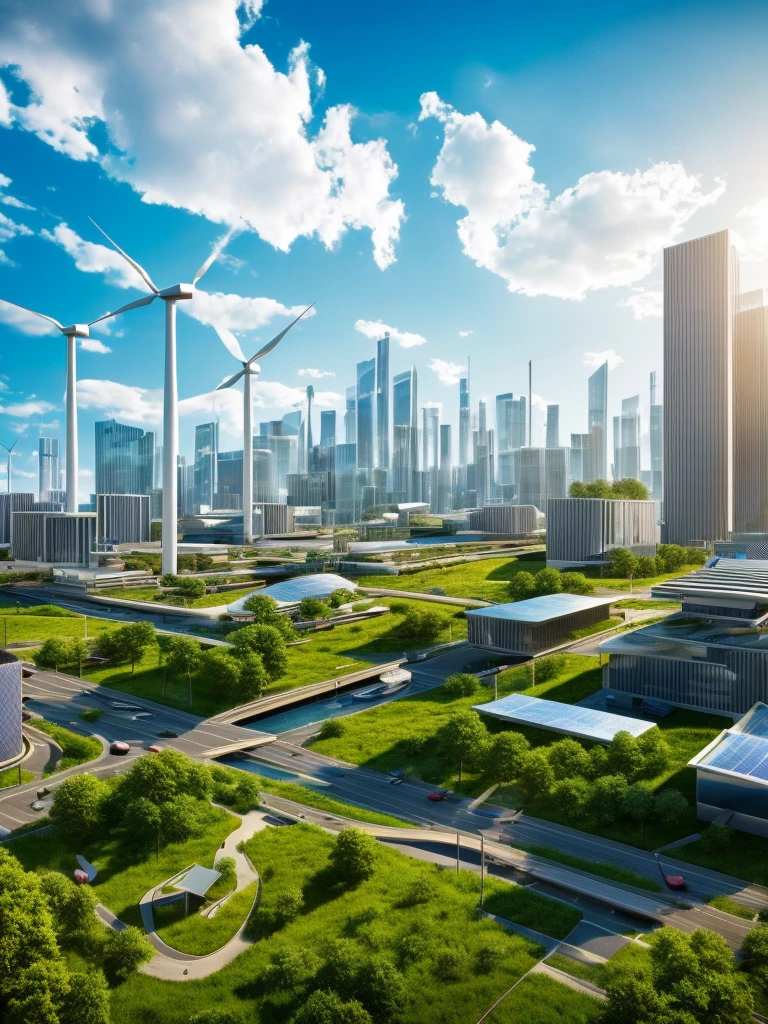 Imagining a cityscape powered entirely by renewable energy in 2100. Photographed by Canon EOS 5D Mark IV. The image should depict an urban building with a green roof and solar panels, Wind turbines dot the skyline, And electric cars on the streets. Cities should appear vibrant and sustainable, Proof of the potential of renewable energy. Using a high resolution 16k camera, Original style, And the quality environment to capture this environmental scene