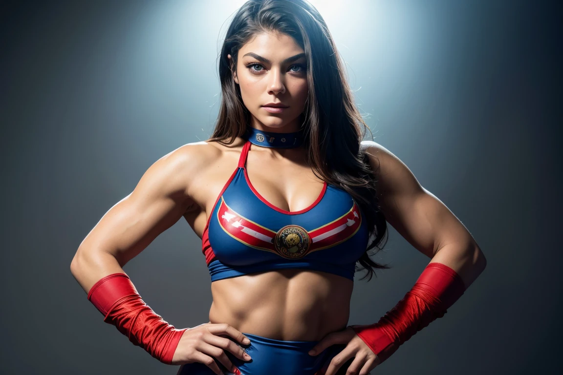 Alexa Davalos , luchador de artes marciales mixtas, MUJER BOMBA, MAILLOT MANGAS LARGAS, BODY AZUL ROJO, rayas blancas, diadema roja, brazalete rojo, CREMALLERA DE CUELLO BLANCO, MEDIAS EXPUESTAS, Muscles, MALLAS FUERTES, QUADRICEPS, pelo negro trenzado, PODO CUERPO MAJESTUOSO, vista frontal, luz, iluminar desde el fondo, EMPTY RING, obra maestra