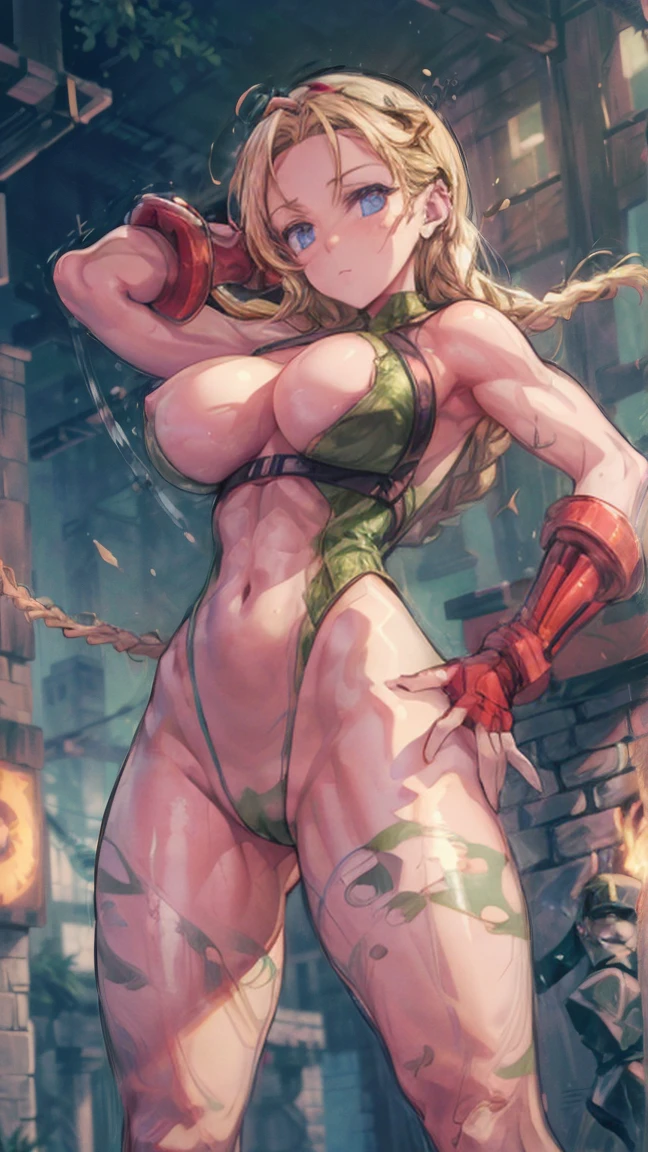 sensual, cabelo longo、coxas grossas, 8K, 4k, mais alta qualidade, high resolution:1.2), cara fofa de anime, noise reduction, ((olhos azuis brilhantes, sorriso gentil, Toned abdominal muscles eyes, muscular arms, pernas musculosas, rosto jovem, olhos de anime, ((( grands that are about to burst)))、(((Equipamento Cammy)))、bunda、Rear viehando para o espectador,heroic pose, foreshortening, profundidade, poses variadas,  corpo completo, grande_seios, nervoso, thring, pose de corpo inteiro, poses dinamicas