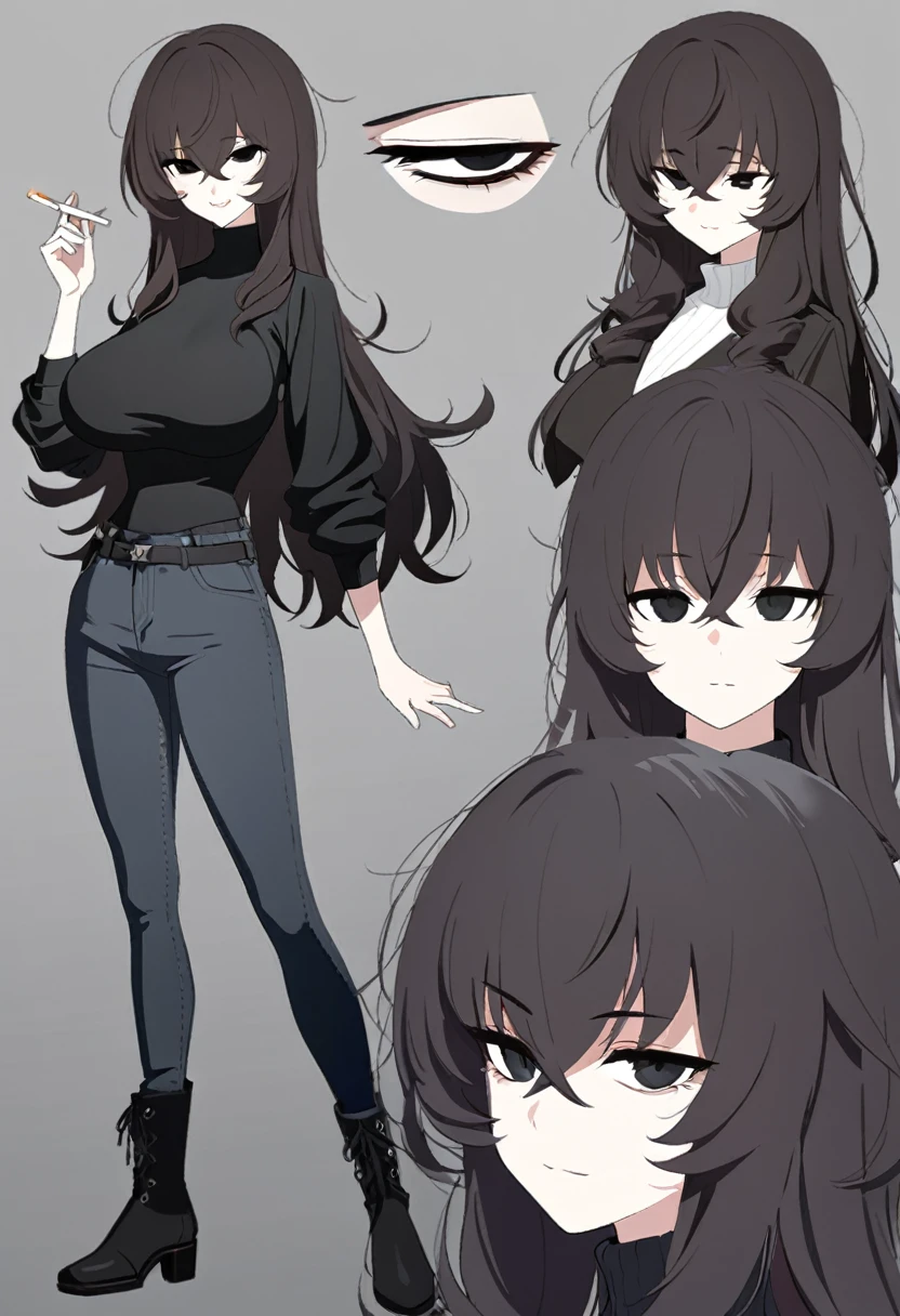One Woman,Downer,older sister,Concept Art,Dark brown hair,Straight hair with slight inward curls,Staring eyes,Eye Ridge,black eye,Crossed bangs,whole body,smile,Larger breasts,Gray background,Bangs that reach down to the eyes,Messy hair,Tight fitting dark grey jeans,Dark brown turtleneck sweater,Multiple views of the same character,Character Design,Dark circles under the eyes,Bad look,Listless,Sloppy,accessories,Cafe staff,Holding a cigarette,whole bodyCharacter Design,Detailed hands,Height: 170cm,boots,