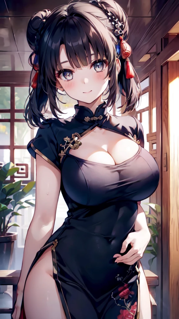 (nsfw:1.3), ((masterpiece, sidelighting, finely detailed beautiful eyes: 1.2)), ultra-detailed, ultra high res, professional lighting, high quality makeup, beautiful detailed eyes, sexy, beautiful, big eyes, drooping eye,(1 girl:1.3), (high school student:1.2), (middle breasts:1.2), (china dress:1.6), blush cheek, blush body, moist eyes, (black hair), absurdly long hair, twintails, double bun, Extremely cute, (extremely detailed beautiful face), Authentic skin texture, beautiful hair, beautiful face, beautiful eyes, beautiful body, beautiful hands, (smile), standing, (face focus, cleavage breasts:1.6)