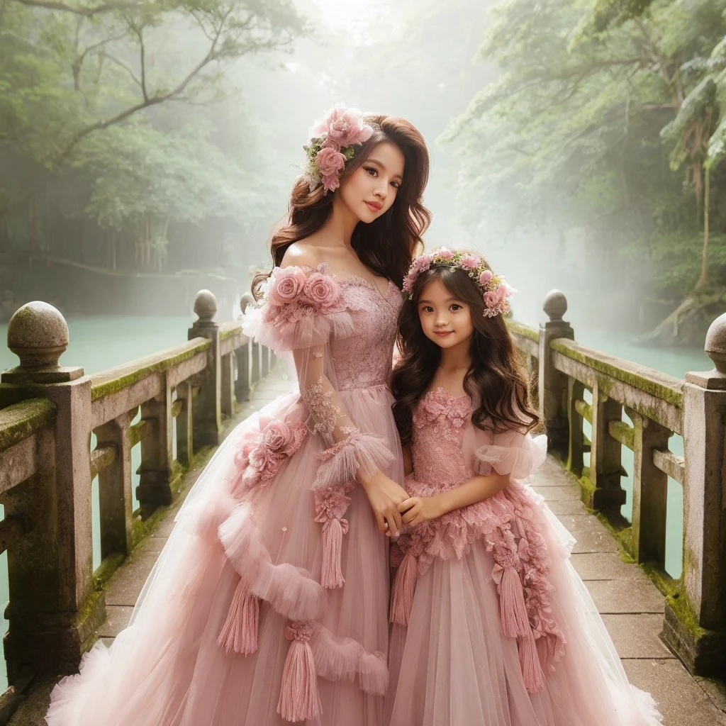 very beautiful Indonesian mother and daughter brown hair in soft pink dresses, pastel colors on the bridge, in a fresh green realistic forest, wearing soft pink dresses, pastel colors, tassels and ribbon ruffles, fantasy dresses, wearing soft pink dresses, pastel colors , soft party dress, pastel colors, soft pink romantic tutu, pastel colors, magic dress, soft pink dress, pastel colors, in a long dress in soft pink pastel colors or purple, wearing a beautiful dress, soft pink tutu in pastel colors, wearing a romantic tutu soft pastel pink