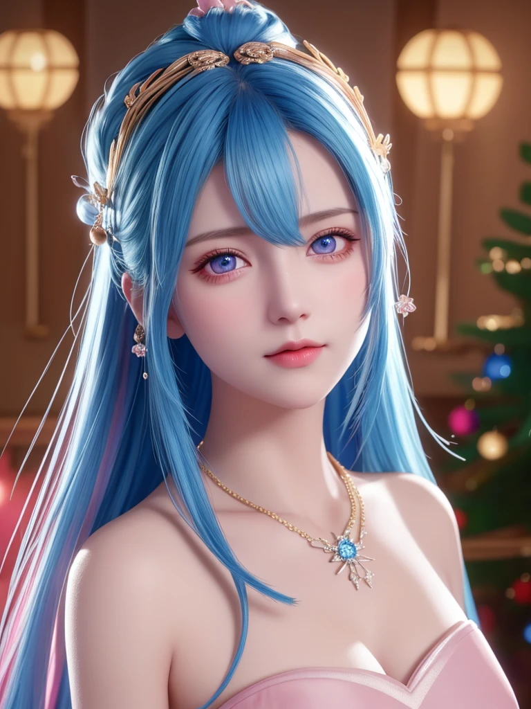 beste-Qualit, master-piece, Tall, 1girls, nude, Hair ornaments, necklace, ornament, Beautiful face, When the body, Tyndall effect, photorealistic portrait, dark studio, Edge lighting, two-color light, (highly detailed skin:1.2), 8k uhd, dslr, Soft light, High Quality, Volumetric lighting, honest, Photograph, high-res, 4k, 8k, bokeh, Blue hair with pink tips, pink eyes.