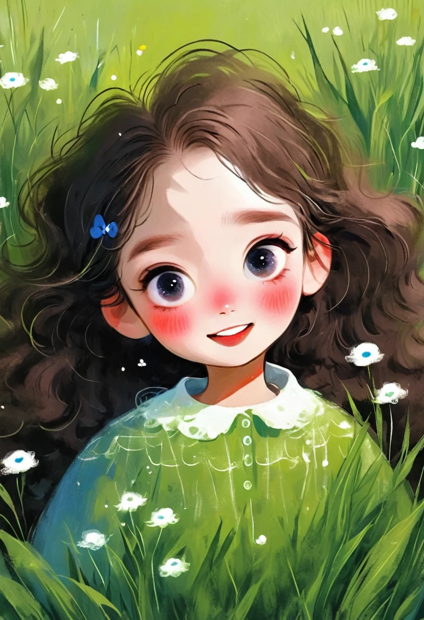 (masterpiece, best quality:1.2), 1 girl, solitary, big eyes,Fluffy hair, happiness,Happy,grassland,Rough texture,Hand drawn style,