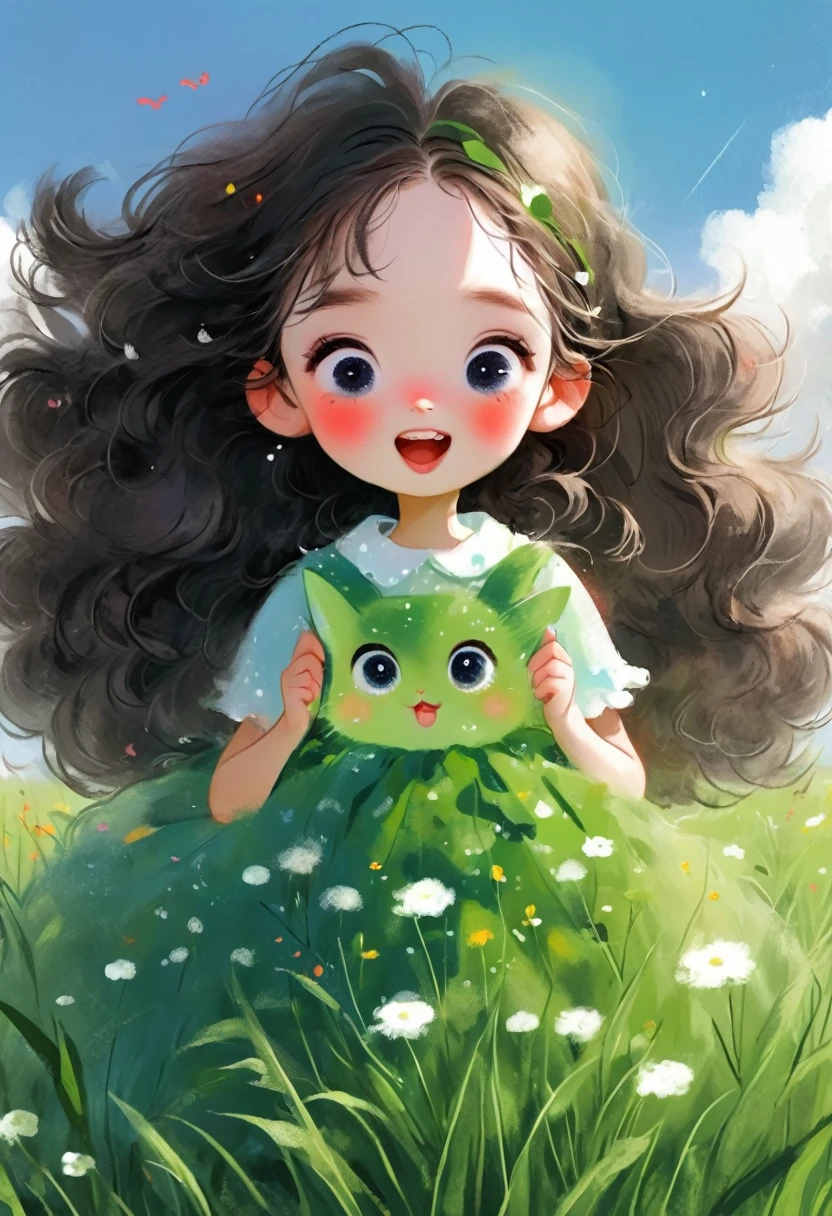 (masterpiece, best quality:1.2), 1 girl, solitary, big eyes，Fluffy hair， happiness，Happy，grassland，Rough texture，Hand drawn style，