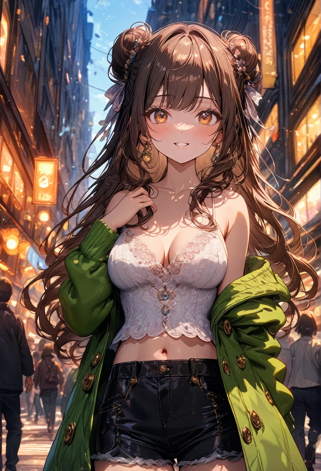 ((masterpiece:0), best quality, very aesthetic, newest, absurdres, detailed, high quality)
BREAK
highest quality, top quality, details, highres, ultra fine painting, digital art, official art, cinematic, 4k, 8k resolution, 8K CG wallpaper, CG, original artwork, detailed background, High Dynamic Range, blurry background, blue hour, Starburst effects, crepuscular rays, good ISO, high resolution, wide shot, from far away, epic lighting, RAW photo, POV, sharp focus, lens flare, light reflection, reflections, intricate details, soft light, particle noise, professional photography, bokeh, depth of field, natural lighting, vibrant colors, looking away, detailed lights and shadows, stylish, ultra-detailed, Pixiv, trending art, niji style, modern-days, master crafted, pose
BREAK
solo, 1girl, a girl, correct fingers, detailed eyes, (medium big breasts:1.2), big thighs, short torso, short body, flushtered smile, warm happy expression, casual, (cute, slim), (childlike face:1.4), nice hips, nice body, brown hair, (long flowing hair:1.1), big 2 buns hairstyle, long bangs, long hair, middle hair bangs, brown eyes
BREAK
(black string tank top, off shoulder open green hoodie, tummy skin:1.1, open unbuttoned shorts, outfit ornaments)
BREAK
a close up of a person walking down a street with a crowd of people, crowded street, crowded streets, in front of a large crowd, giant crowd, girl walking through city, people walking down a street