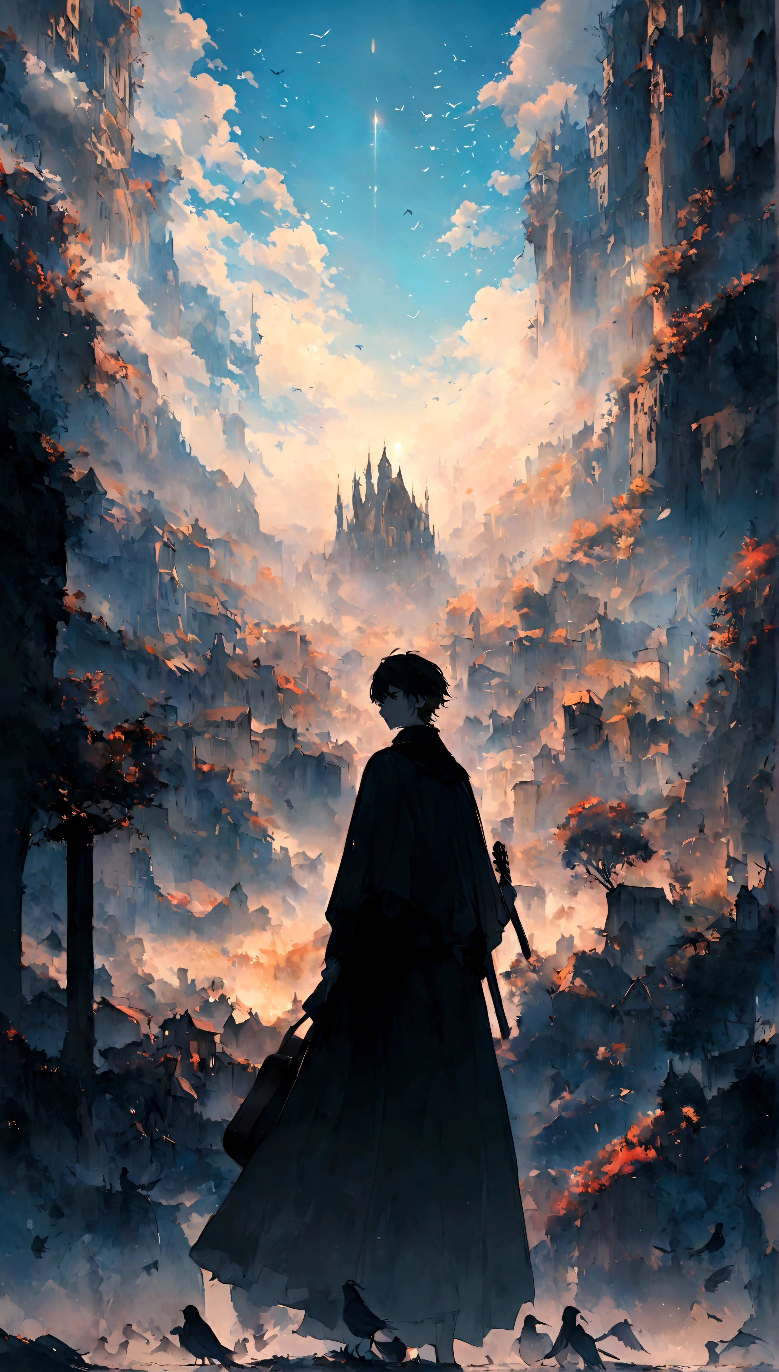 appearance,Sobma Te Grande Corner, The horizon is infinite, The morning is bright, The earth is clear, The remains of some Gothic houses remain in the morning mist, The entire environment is reflected in the clear and bright sun, In the middle of the photo is a boy holding a guitar, Around, still, The entire image is in color, There is light and shadow. Humanity. Birds and feathers fly around a boy holding a guitar towards the horizon