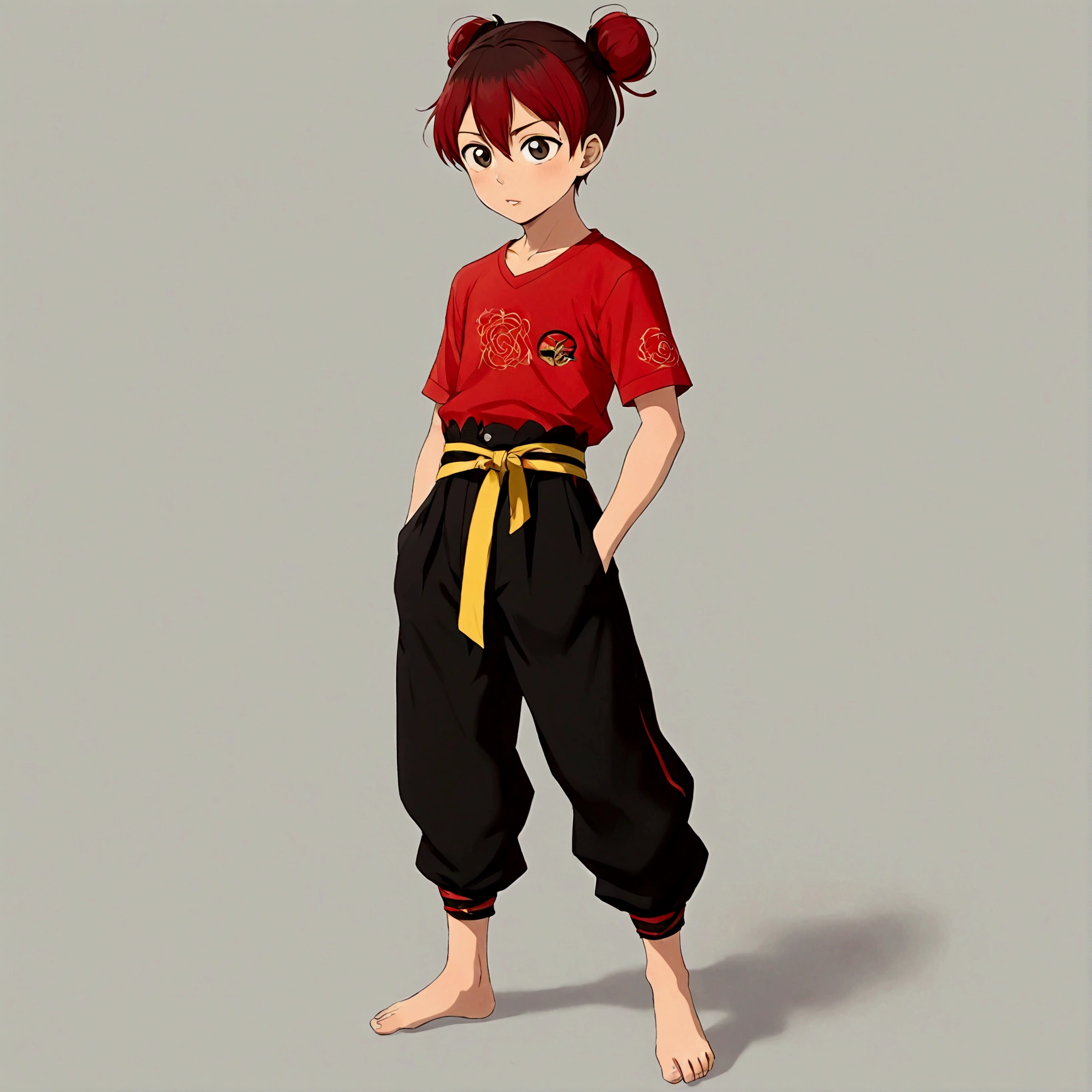 1boy,Double bun,Red hair band,Red shirt,belt,Black pants,barefoot,solo,Anime style