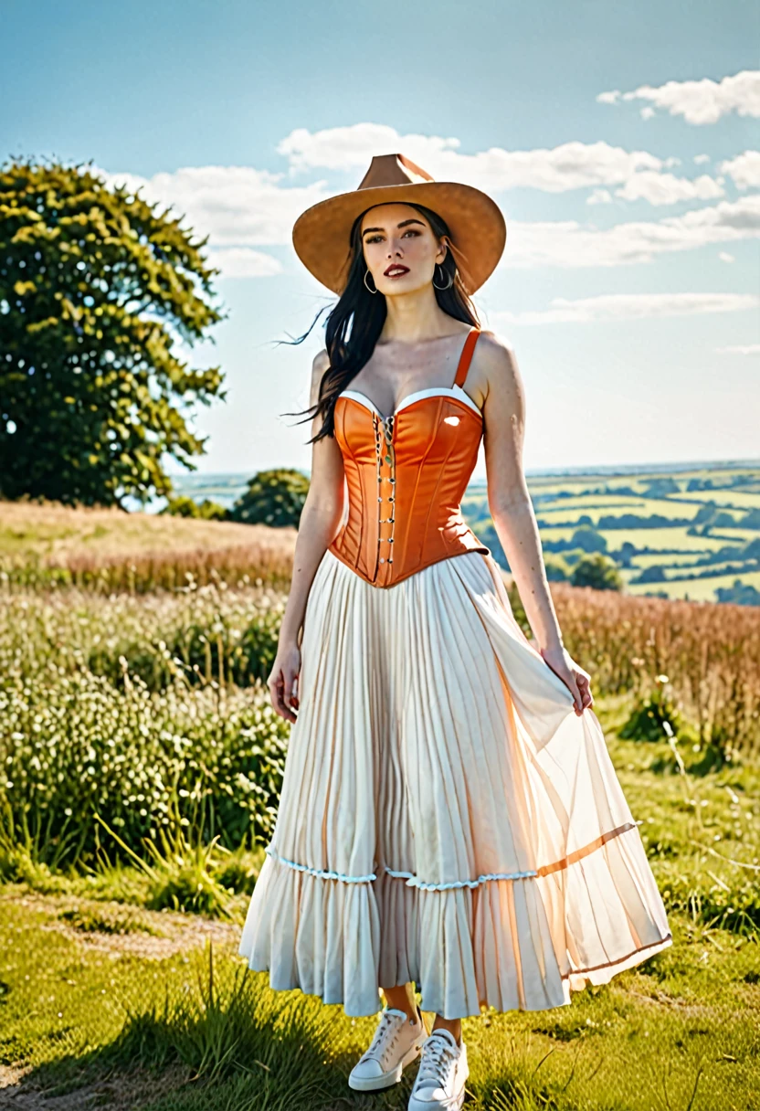 A photo of a woman model. Wearing an orange outfit. Medieval inspired. Orange dyed leather bustier corset dress. Full length dress, cotton floaty skirt, pleated with layers. White trainers, exaggerated cowboy hat. Festival chic. Photo is outside, sunny day, countryside coastal background