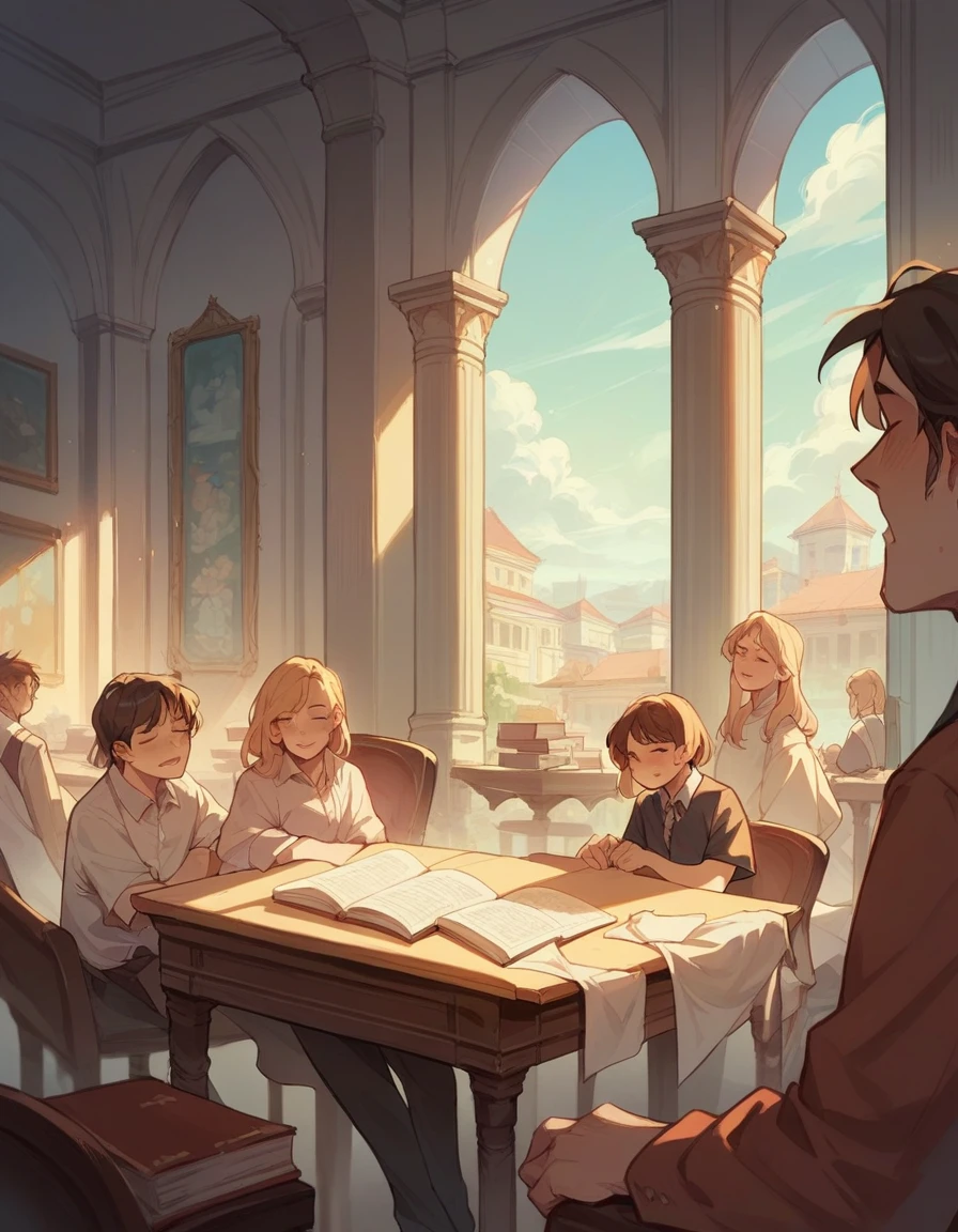 a book on the table containing a beautiful capital city with a beautiful sky, inside there are residential parks and schools, lots of people doing activities