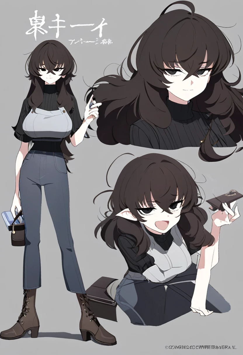 One Woman,Downer,older sister,Concept Art,Dark brown hair,Straight hair with slight inward curls,Staring eyes,Eye Ridge,black eye,Crossed bangs,whole body,smile,Larger breasts,Gray background,Bangs that reach down to the eyes,Messy hair,Tight fitting dark grey jeans,Dark brown turtleneck sweater,Multiple views of the same character,Character Design,Dark circles under the eyes,Bad look,Listless,Sloppy,accessories,Cafe staff,Holding a cigarette,whole bodyCharacter Design,Detailed hands,Height: 170cm,boots,