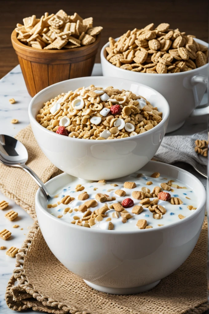 A bowl with a full of milk and cereal on the table