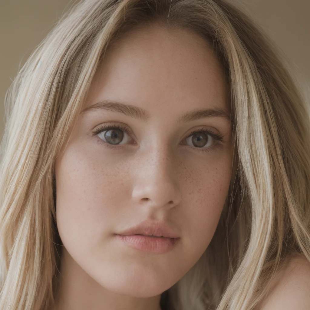 A portrait of a cute 18-year-old girl who looks both cute and gorgeous with an innocent expression. She has freckles, small lips, and big eyes. Her blonde hair is long, framing her slim face perfectly. Her complexion is soft and glowing, enhancing her youthful and innocent look. The background is softly blurred to keep the focus on her charming features.
