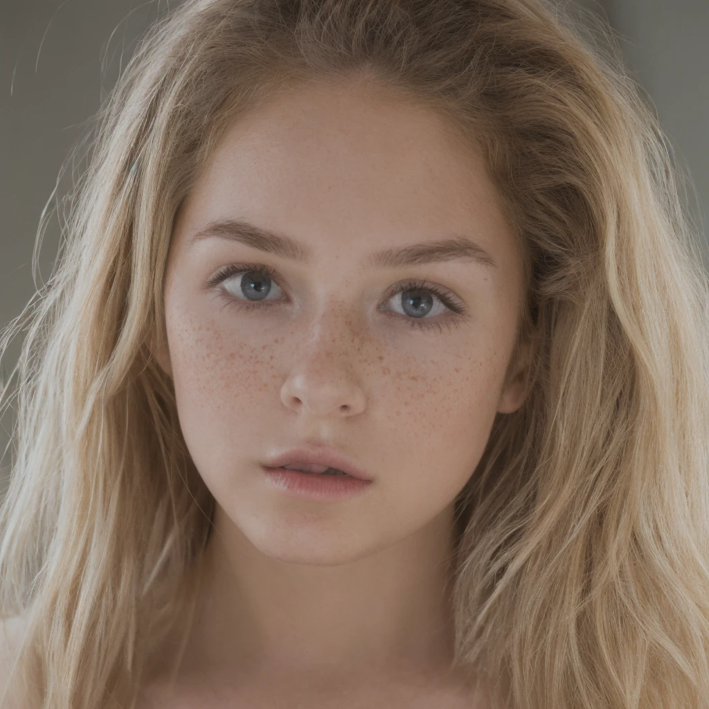 A portrait of a cute 18-year-old girl who looks both cute and gorgeous with an innocent expression. She has freckles, small lips, and big eyes. Her blonde hair is long, framing her slim face perfectly. Her complexion is soft and glowing, enhancing her youthful and innocent look. The background is softly blurred to keep the focus on her charming features.
