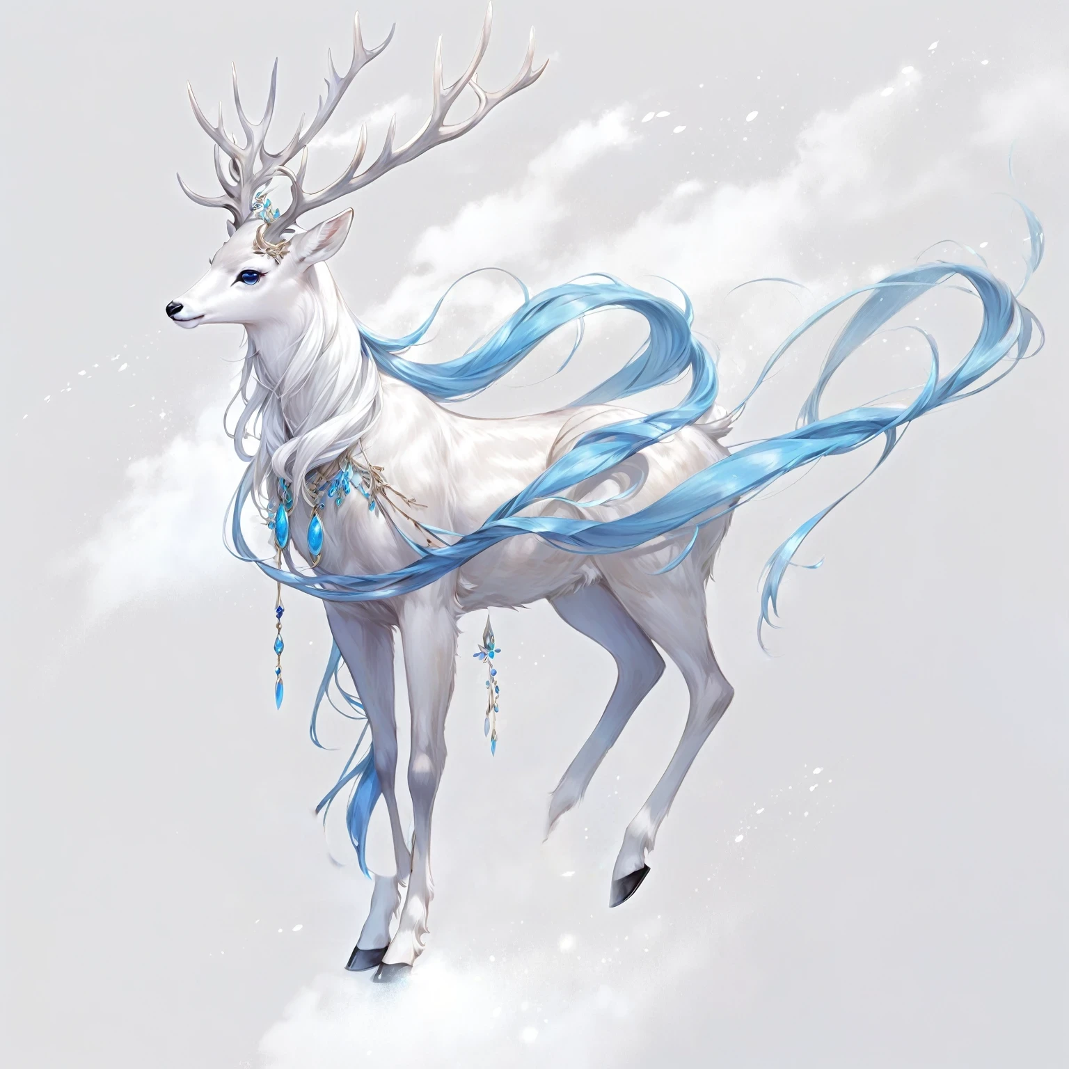 Anime style illustration of a white deer with long hair and blue tail, By Yumi, shrike, Anthropomorphic deer female, Beautiful young wind elf, anthropomorphic female deer, an Anthropomorphic deer, Anthropomorphic deer, A beautiful artistic illustration, a shrike, Digital Art on pixiv, fantasy concept art