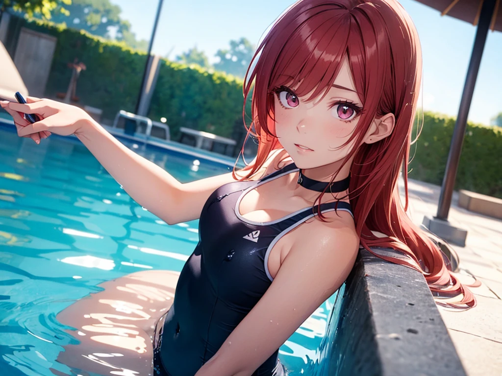 beautiful young woman, anime style, detailed face, red hair, hair down, large eyes, pink eyes, delicate features, soft lighting, wearing a choker, wearing a school swimsuit, by the pool, water reflections, relaxed posture, sunny day, detailed background, Japanese anime style, hand-drawn, high quality, highly detailed, 8k resolution, cinematic lighting, best quality, vibrant colors