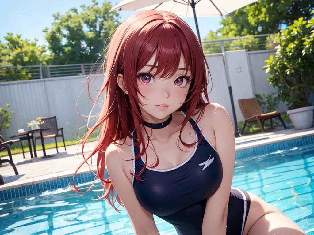 beautiful young woman, anime style, detailed face, red hair, hair down, large eyes, pink eyes, delicate features, soft lighting, wearing a choker, wearing a school swimsuit, by the pool, water reflections, relaxed posture, sunny day, detailed background, Japanese anime style, hand-drawn, high quality, highly detailed, 8k resolution, cinematic lighting, best quality, vibrant colors