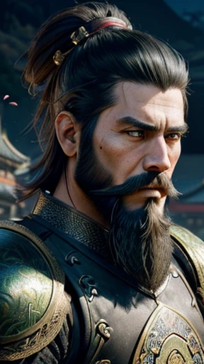 Oriental、Men in ancient Chinese costumes、((ancient chinese hairstyle male))、(Three Kingdomultiple warlords、highest quality、masterpiece、Ultra-high resolution、(Realistic:1.4)、Game Poster、Crisp and beautiful image quality、(Long beard)、(I put a cylindrical box on my head) ,(green metal armor, metal dragon head on the shoulder, Holding a sword, (Skin of color, ),(long heavy black beard):1.2), (green metal armor with intricate pattern:1.2), gloves, Long trousers, (Very detailed, bloom:1.5), (highest quality, Concept Art, 4K), (analog:1.2), (high sharpness), (Detailed pupil:1.1), (Painting:1.1), (digital Painting:1.1), Detailed face and eyes, masterpiece, highest quality, (Very detailed写真:1.1), 8k, photoRealistic, (Dark Hair Color, Dynamic Short Hair), (Purelos Face_v1:0.2), [:(Detailed face:1.2):0.2], sharp, Realistic, Realistic Shadow, (Chinese castle background:1.2), elder, 65 years old,