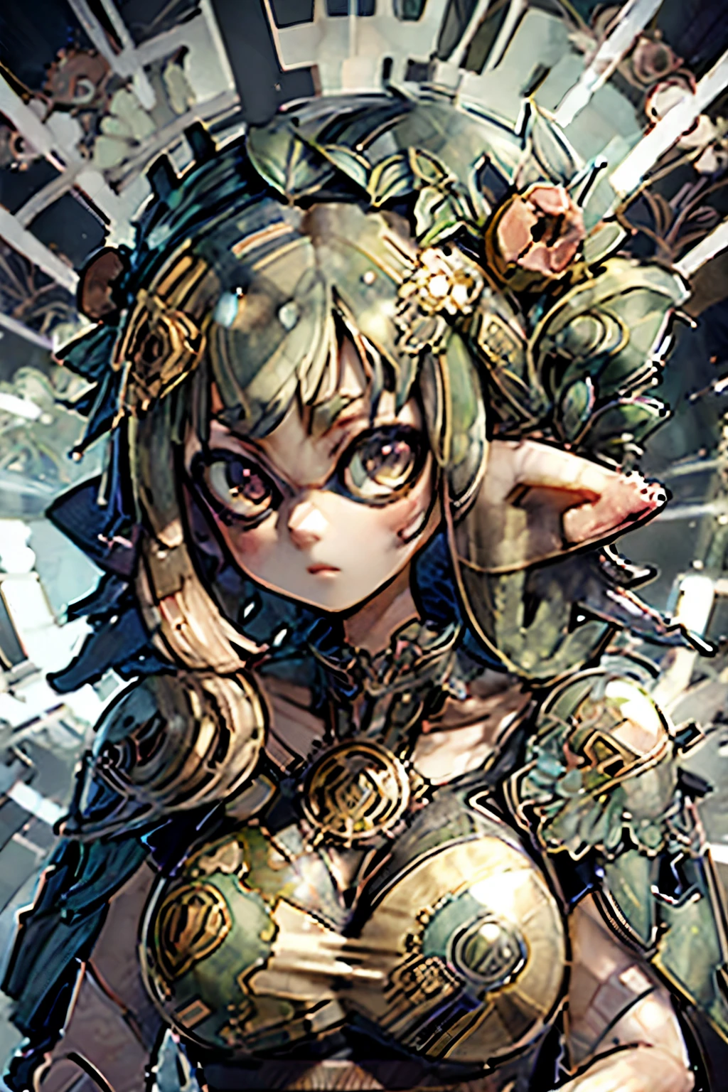 ((Detailed face)),anime、((Mucha's style)),(((Splatoon Girl)))、(Vulgar),(Portraiture)、美しいPortraiture、beauty,, Sharp face line、Golden Eyes、Golden tentacle hair,Side Ponytail,(Put your arms behind your back:1.2),((Sex addiction)),gigantic breast、Developed pectoral muscles,(High position:1.6)、blush、smile、masterpiece、highest quality、High resolution、steam4rmor