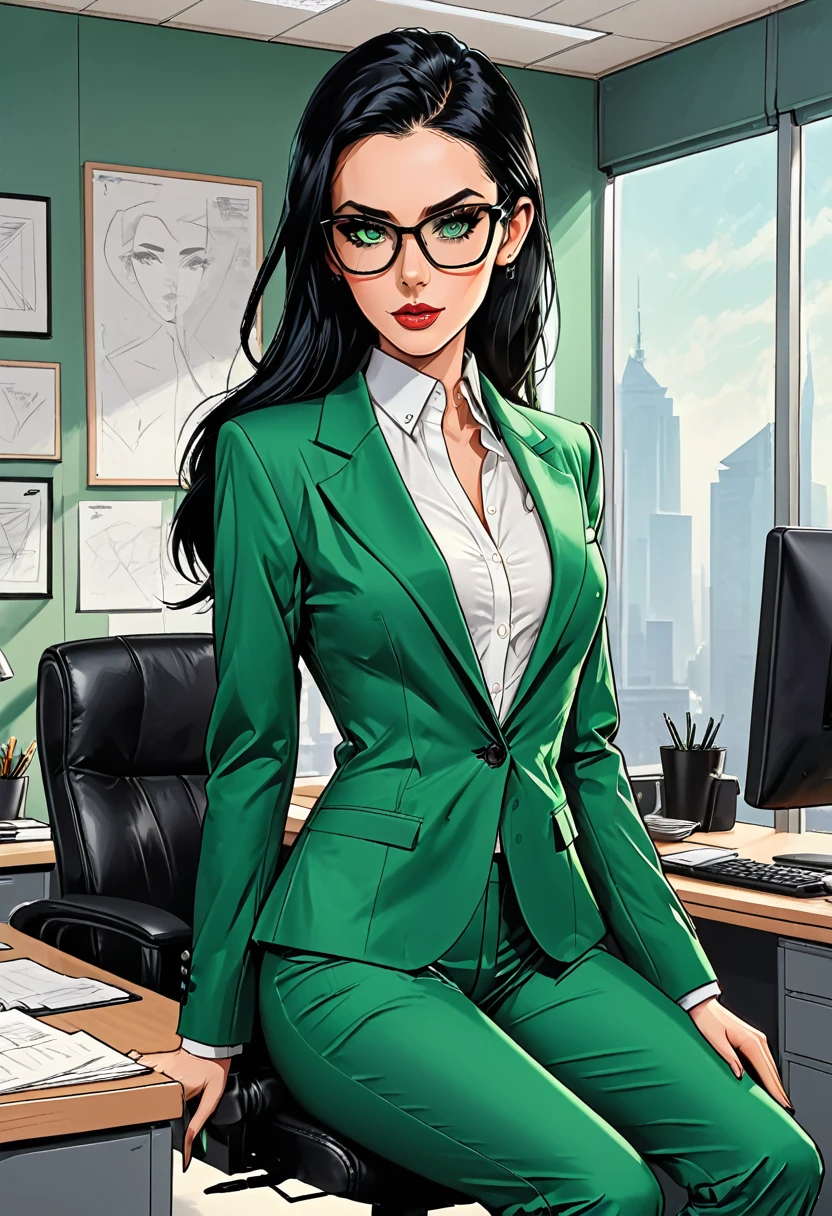 open mouth, serious girl sits in an office chair in black glasses and ((classic green office suit)) and white shirt at office background, girl, adult, [European], Ectomorph elongated body, slim body, skinny, perfect white skin, Long Diamond type Face, Long slim neck, broad shoulders, long slim thin arms, long fingers on the hands, round forehead, Attached Pointed ears,  Long Sleek Straight Ponytail Slicked back black Hair, Hawk long Nose, Upturned Eyes type, Bold Tapered Eyebrows, Angular Narrow Symmetrical Cheekbones, Hollow Cheeks, Square Chin, Square Jawline, Heart Shaped  Lips, Fine Puppet Wrinkles, (dark green eyes), Cut Crease make up style, Full on Top or Bottom breacond breast sizeow hips, Slim thighs, long slim fitness legs, 

 
graphic style of novel comics,  2d, 8k, hyperrealism, masterpiece, high resolution, best quality, ultra-detailed, super realistic, Hyperrealistic art, high-quality, ultra high res, highest detailed, lot of details, Extremely high-resolution details, incredibly lifelike, colourful, soft cinematic light,