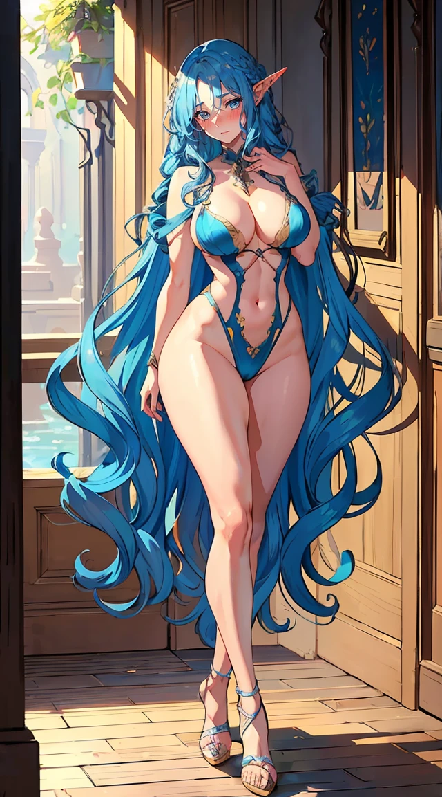 handsome mature woman,Long wavy BLUE hair,Hyperresolution,accuracy,Detailed rendering,(Subtle image)(Image of fine hair)(topquality)(Masterpieces of masters)(High degree of completeness)(A sense of atmosphere)tmasterpiece,Super detailed and super detailed(half-body portrait)((Masterpiece, Highest quality)), Detailed face, CharacterDesignSheet, full bodyesbian, Full of details, Multiple poses and expressions, Highly detailed, Depth, Many parts,Beautiful,Extremely beautiful,High Balance, Natural light, drawn art style, elven ears, naked, large breasts, bigger breasts, medium blue hair, curly hair down to ankles, ankle length hair, (((Ankle length hair))) (((thick hair))) (((Blushing)))