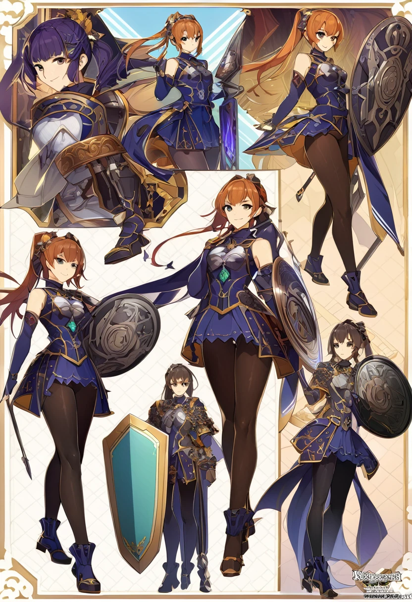 ((Master Parts, Very high quality)), Detailed face, Character design sheet， Full Body Esbian, Full of details, Multiple poses and expressions, Very detailed, depth, Many works，Handsome Paladin，Holding a shield，Double Ponytail，Fantasy Style，Orange Caramel，Very beautiful，High Balance, Natural light, Income，IncomepantyHose，Bright décor，Star ornament