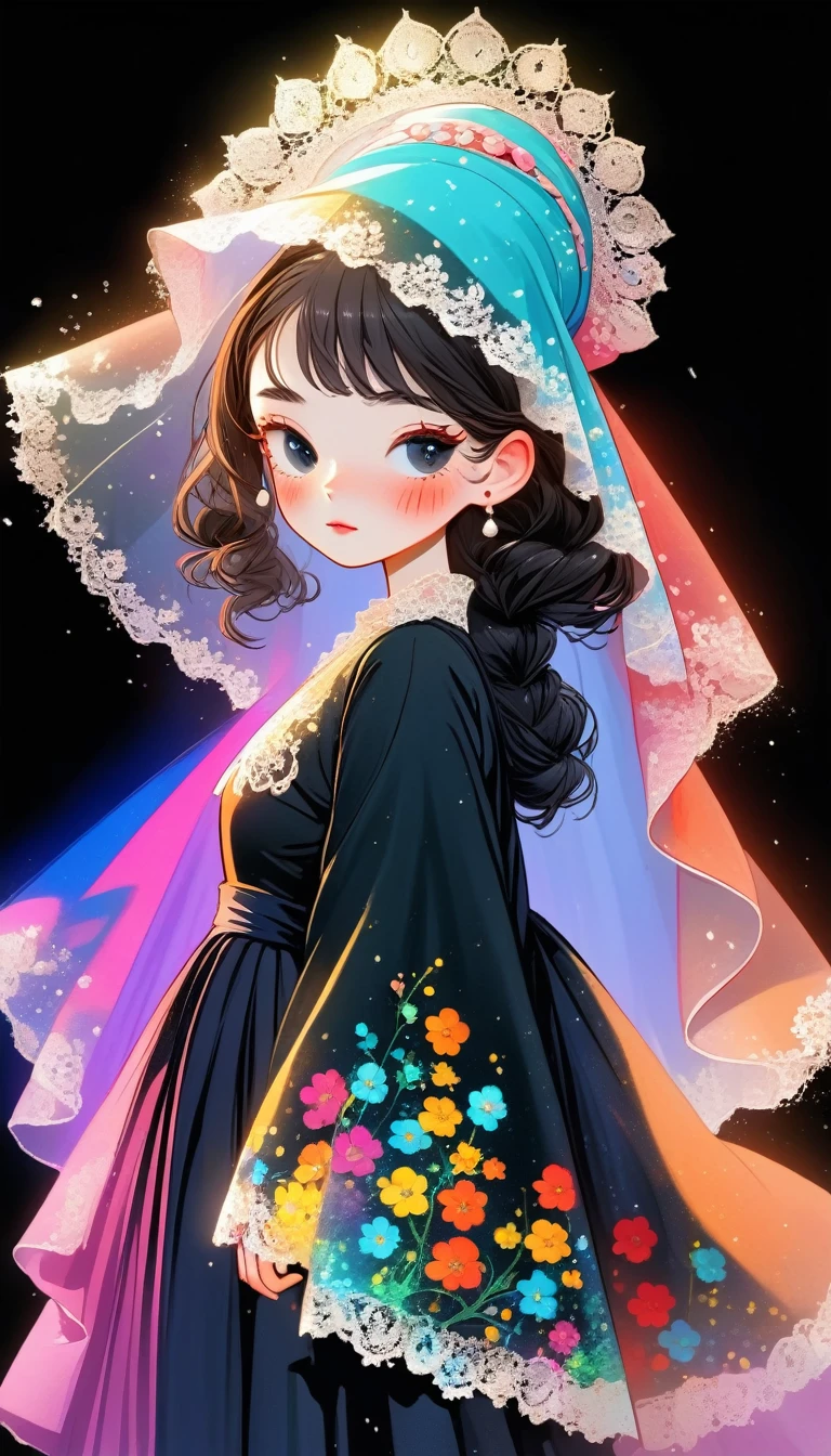 1 Girl, Solitary, simple_background, long_sleeve, skirt, permanent, full_Body, close_Eye, Wide_sleeve, from_side, spark, copyright_Name, colored_skin, my own_hand_Together, Black_background, veil, 1Other, rich and colorful