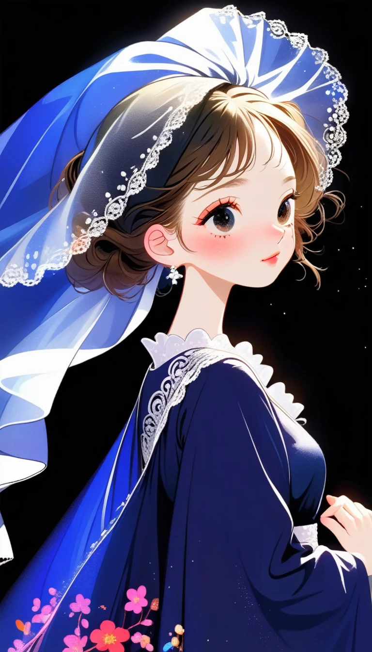 1 Girl, Solitary, simple_background, long_sleeve, skirt, permanent, full_Body, close_Eye, Wide_sleeve, from_side, spark, copyright_Name, colored_skin, my own_hand_Together, Black_background, veil, 1Other, rich and colorful