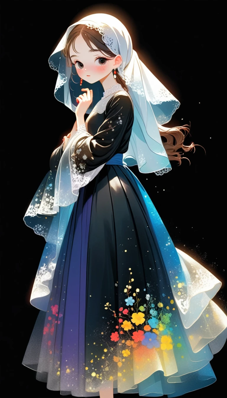 1 Girl, Solitary, simple_background, long_sleeve, skirt, permanent, full_Body, close_Eye, Wide_sleeve, from_side, spark, copyright_Name, colored_skin, my own_hand_Together, Black_background, veil, 1Other, rich and colorful