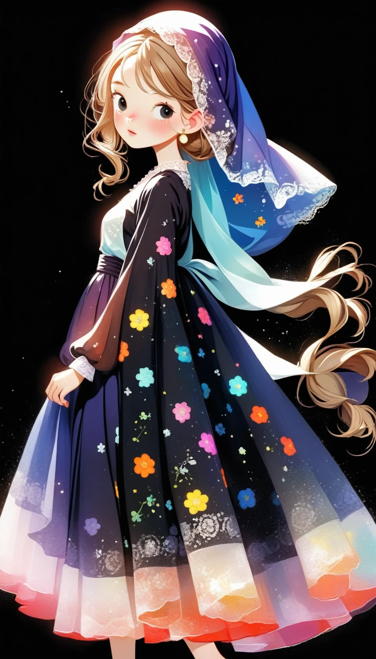 1 Girl, Solitary, simple_background, long_sleeve, skirt, permanent, full_Body, close_Eye, Wide_sleeve, from_side, spark, copyright_Name, colored_skin, my own_hand_Together, Black_background, veil, 1Other, rich and colorful