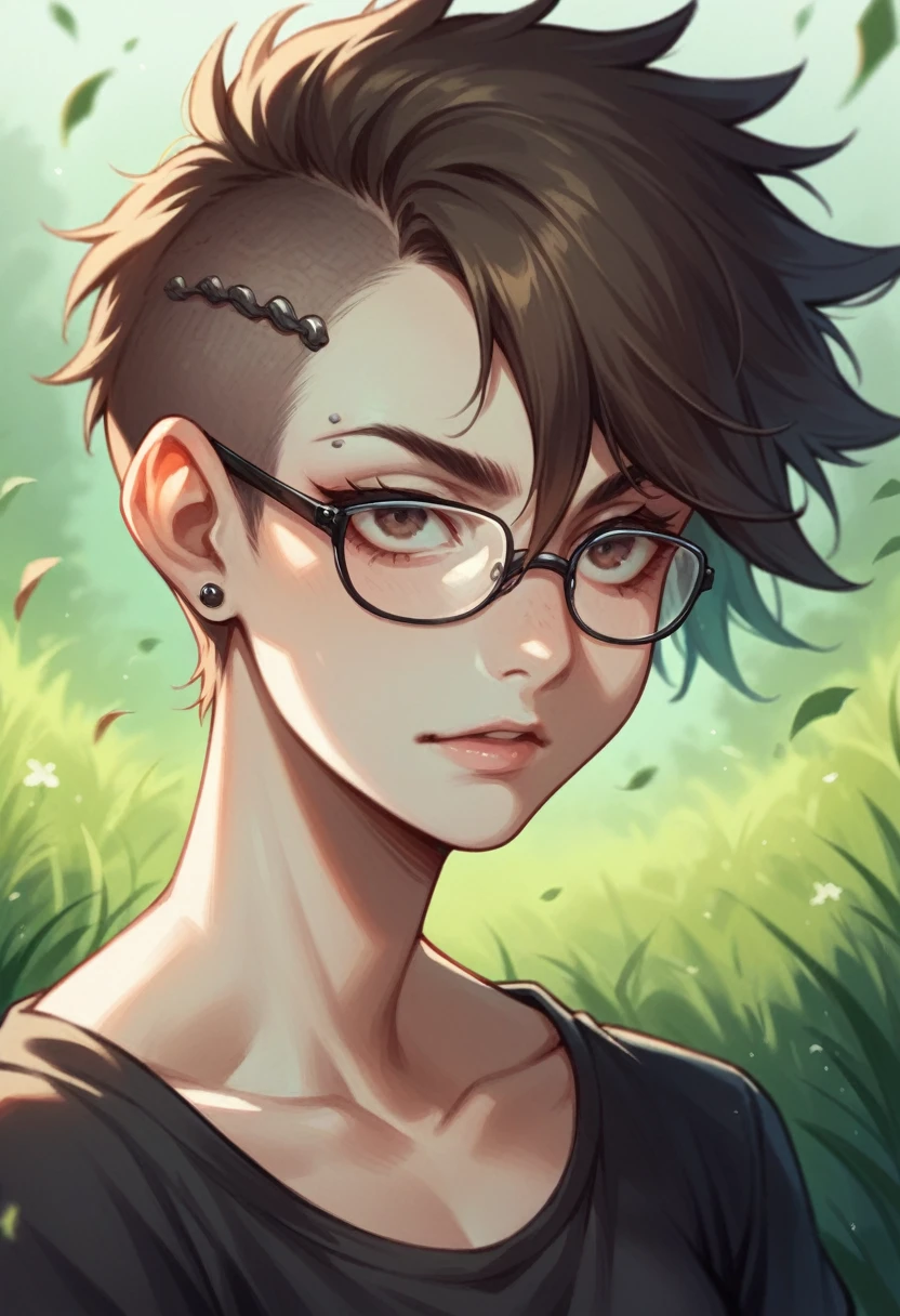 Punk girl with glasses and a black shirt, Blurred green grass and trees in the background々, Short brown hair, Detailed face, high quality, High resolution