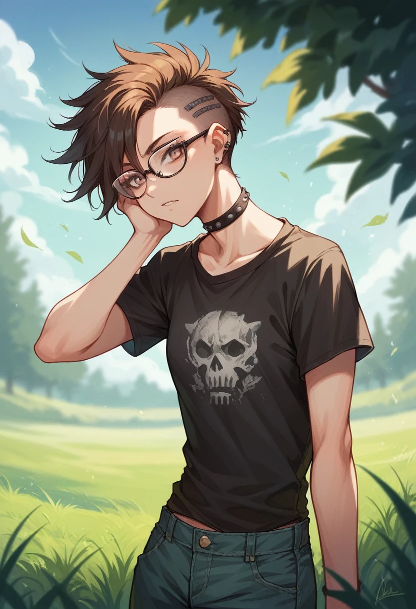Punk girl with glasses and a black shirt, Blurred green grass and trees in the background々, Short brown hair, Detailed face, high quality, High resolution