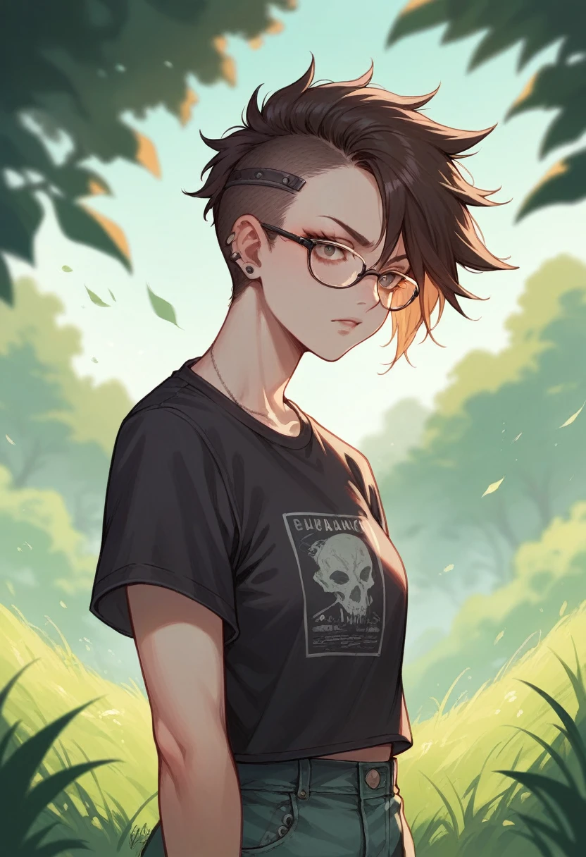Punk girl with glasses and a black shirt, Blurred green grass and trees in the background々, Short brown hair, Detailed face, high quality, High resolution