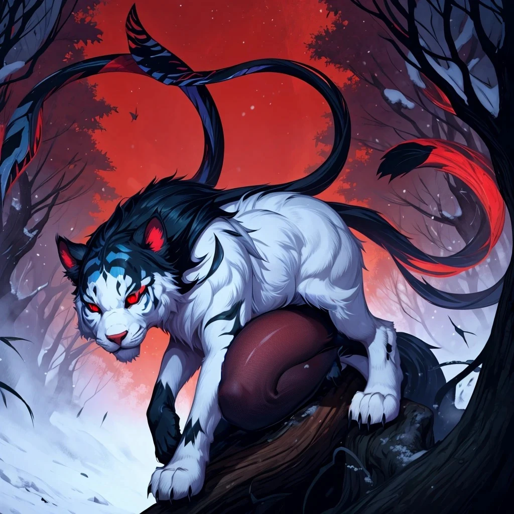 White wool, Black stripes on wool, Red eyes, against the backdrop of a snowy forest