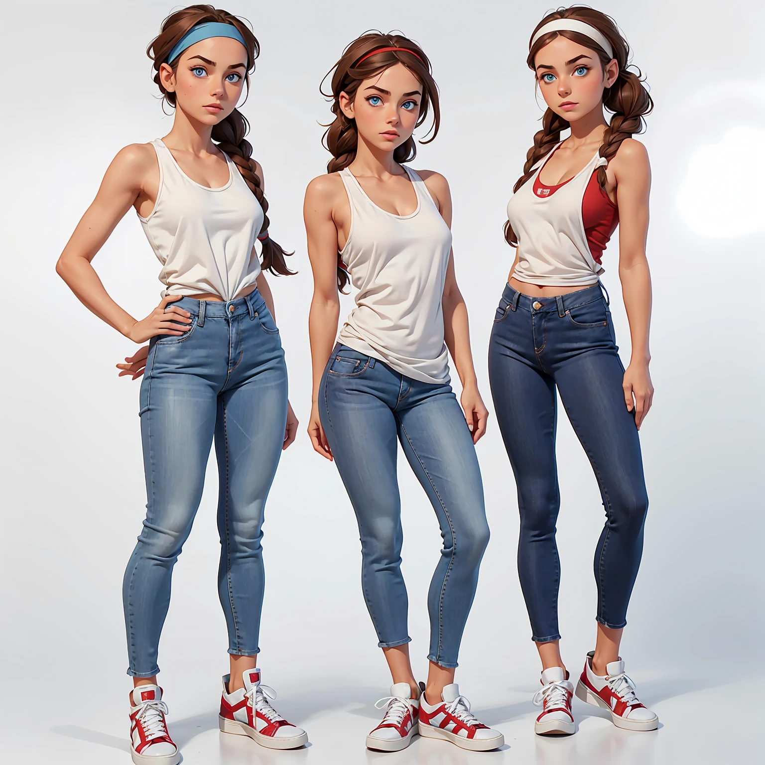 image split vertically in three, full body on the picture, standing italian girl 22 years old, meidum breast, light blue eyes, brown hair, headband and braids, blue jeans, tank top, sneakers, white background