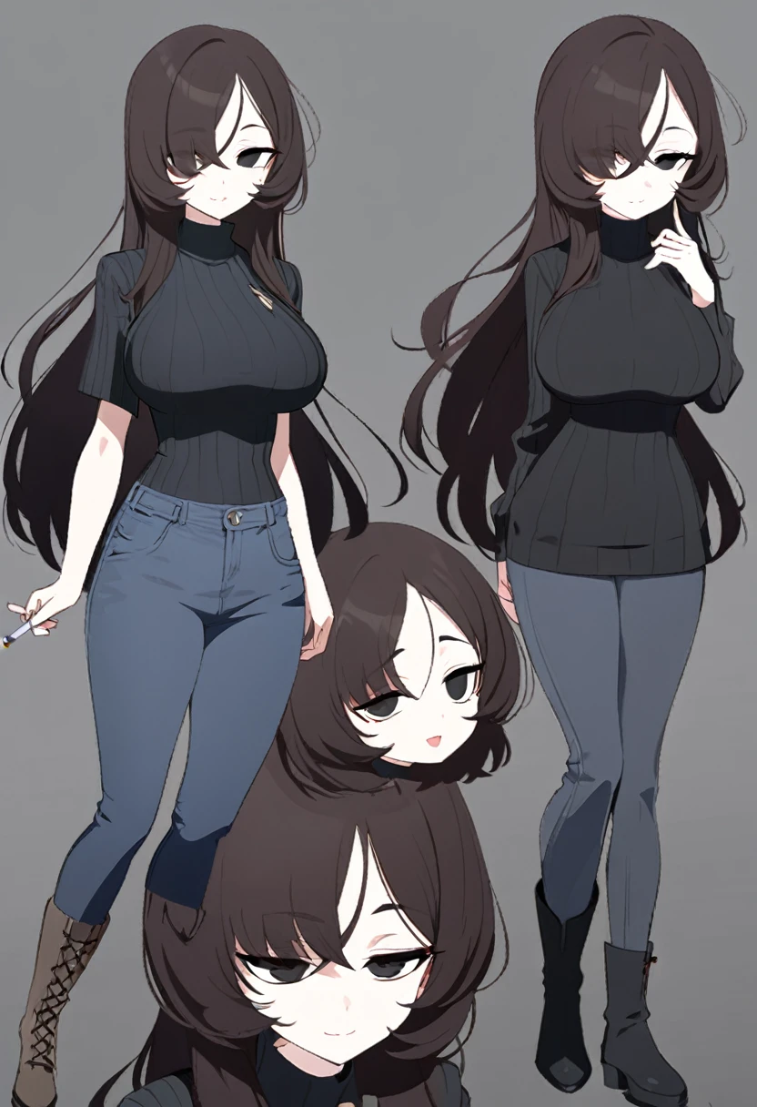 One Woman,Downer,older sister,Concept Art,Dark brown hair,Straight hair with slight inward curls,Staring eyes,Eye Ridge,black eye,Crossed bangs,whole body,smile,Larger breasts,Gray background,Bangs that reach down to the eyes,Messy hair,Tight fitting dark grey jeans,Dark brown turtleneck sweater,Multiple views of the same character,Character Design,Dark circles under the eyes,Bad look,Listless,Sloppy,accessories,Cafe staff,Holding a cigarette,whole bodyCharacter Design,Detailed hands,Height: 170cm,boots,